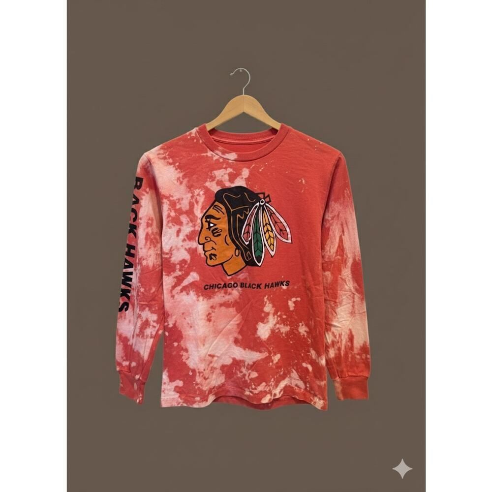 VTG Chicago Blackhawks Red Tie Dye Indian Head Tee Shirt Men T-Shirt Small USA